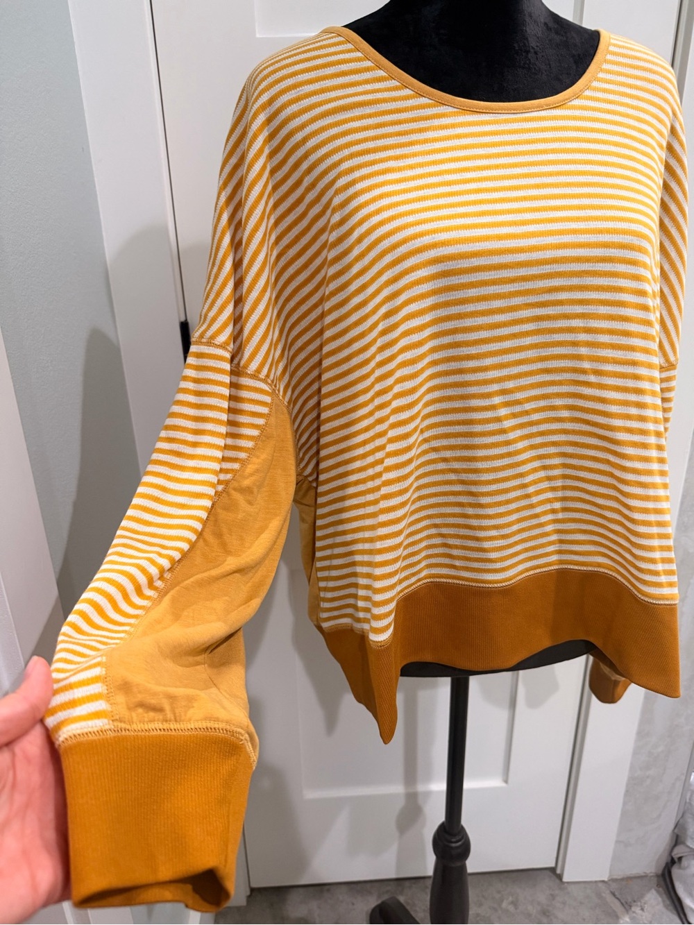 Hem & Thread Mustard White Striped Abstract Oversized Drop-Shoulder Pullover S/M